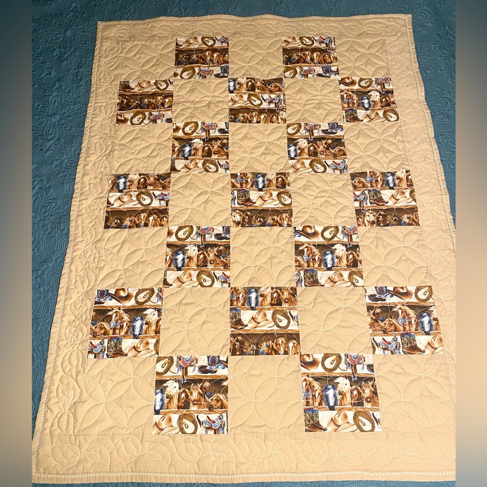 Patchwork Baby Quilt with Beige and Brown Accents